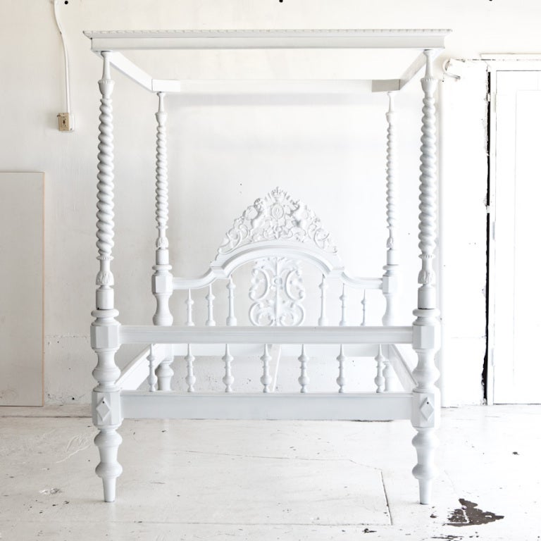 Anglo-Indian Carved Four Poster Bed Painted White