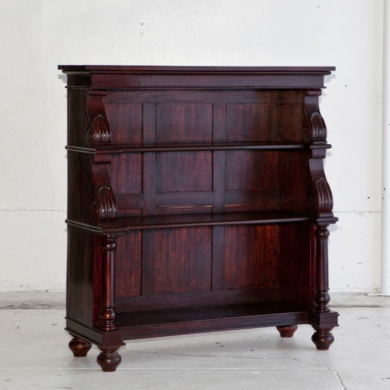 Anglo-Indian solid mahogany bookcase with a solid back and sides and carved front supports.