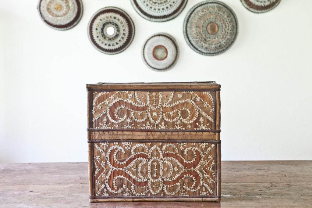 Indonesian Woven Palm Storage Box with Beaded Shell Applique For Sale