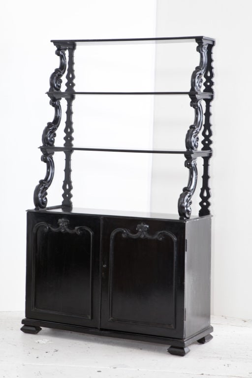19th Century Anglo-Indian Ebonized Open Bookcase on Cabinet