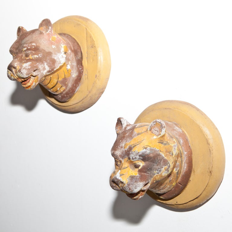 19th Century Pair of Indian Ceramic Tiger Head Wall Mounts