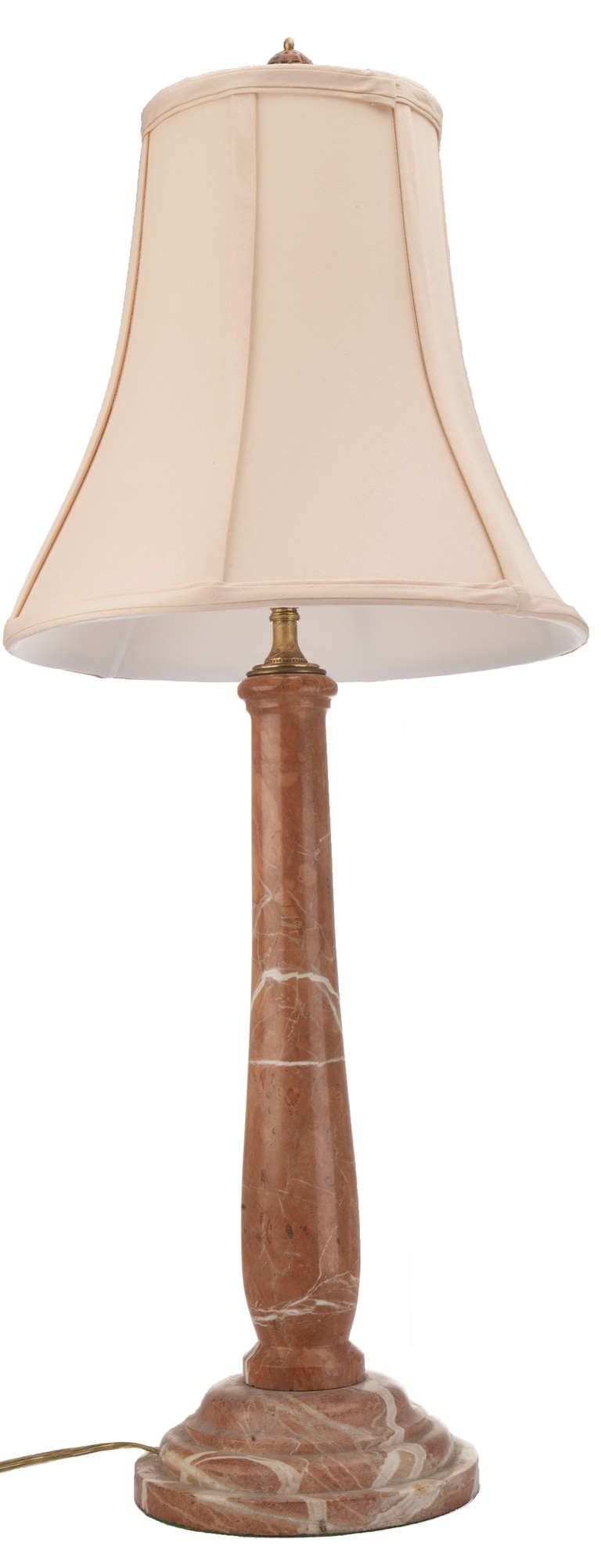 Balluster turned Rouge Royale marble table lamp on a stepped base, new silk shade and custom finial.