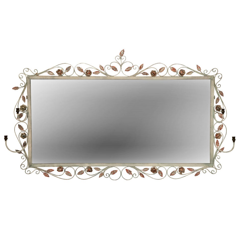 French Wrought Iron Rose Frame Mirror For Sale