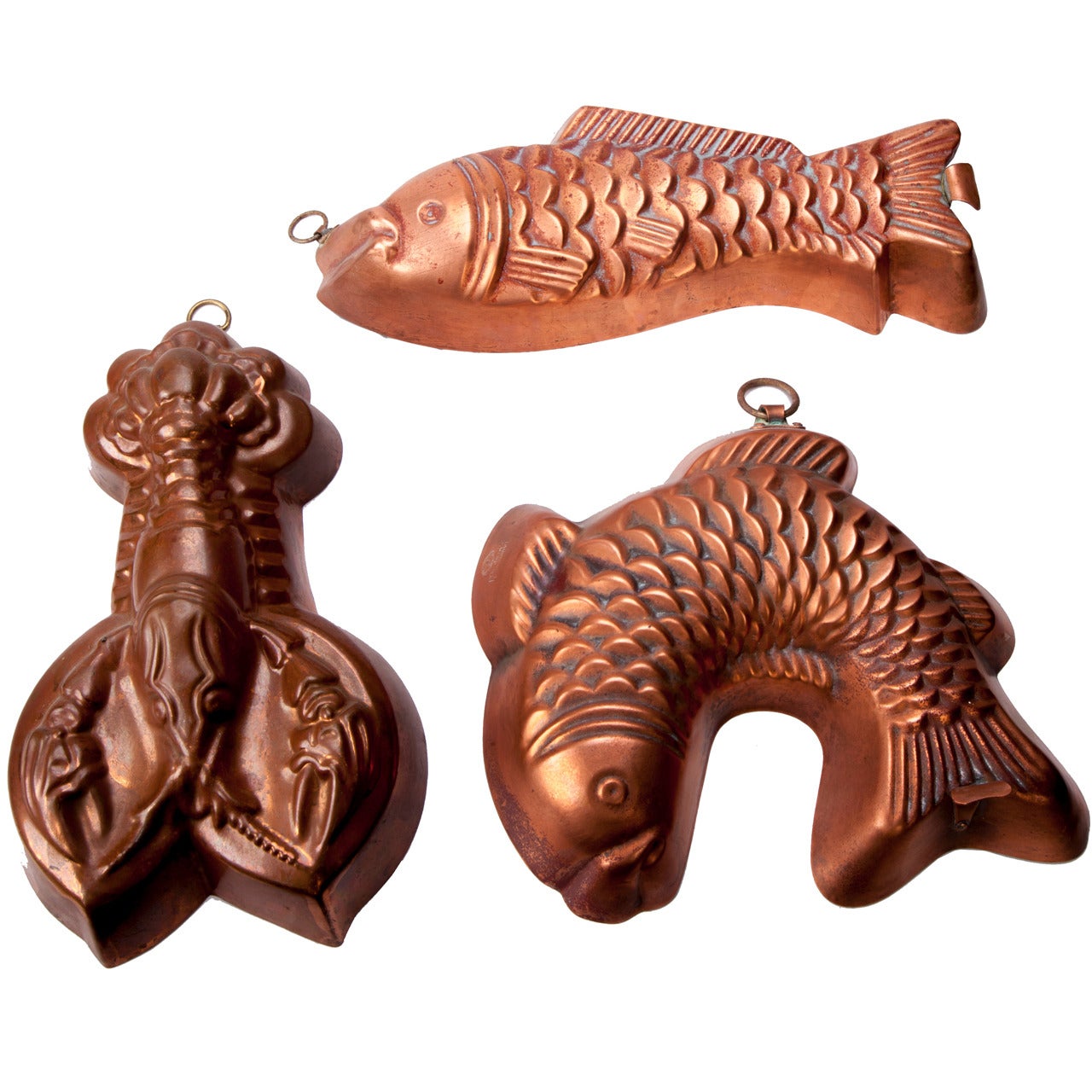 Antique German Fish and Lobster Copper Moulds For Sale