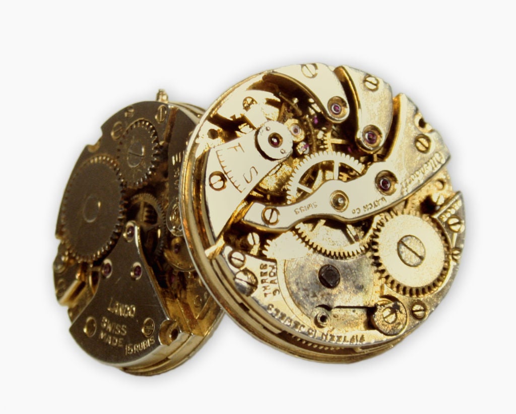 Time is of the essence, and now it's also an essential feature of his wardrobe. These unique watch-part cufflinks are handmade from genuine antique watch works from the Langendorf Watch Company in Switzerland and attached to gold toggle bolt cuff