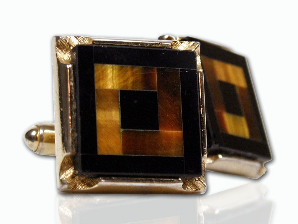 Marquetry Style Black Onyx and Tiger's Eye Cufflinks