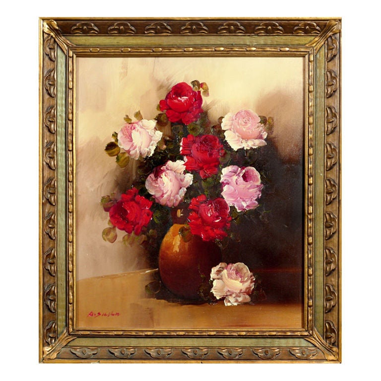 Roses in a Golden Vase Signed "A. Silver" For Sale