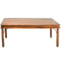 Retro Indian Teakwood Dining Table with Pedestal Legs and Wrought Iron Trim