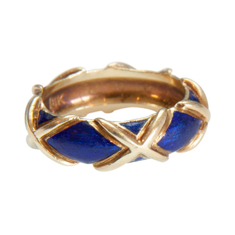 Tiffany 18k Yellow Gold and Blue Cloisonné Ring For Sale at 1stdibs
