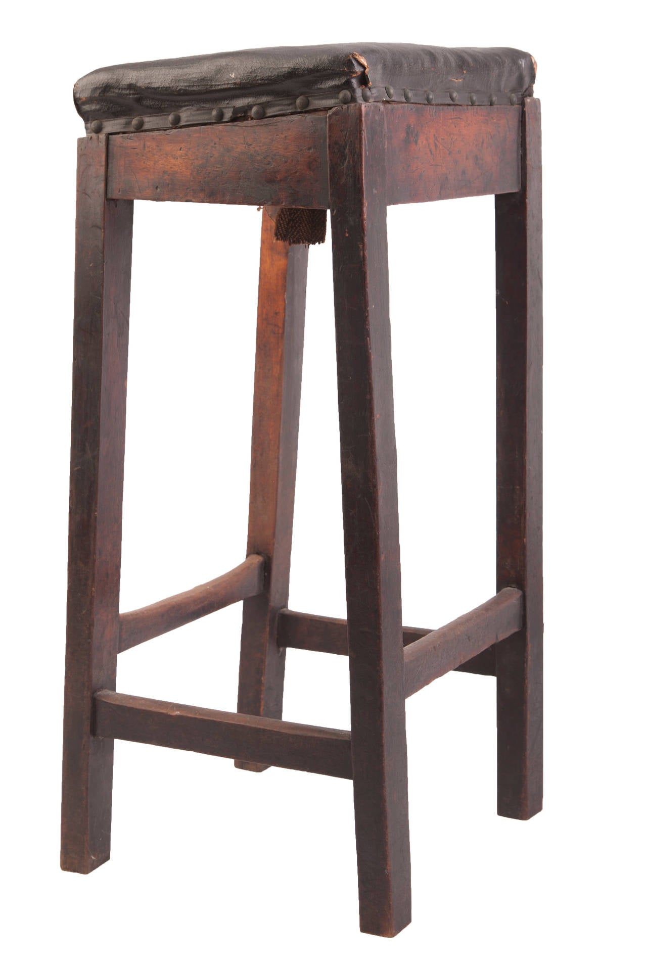 Authentic, arcchtes stool with mahogany frame black leather and old neailhead trim.