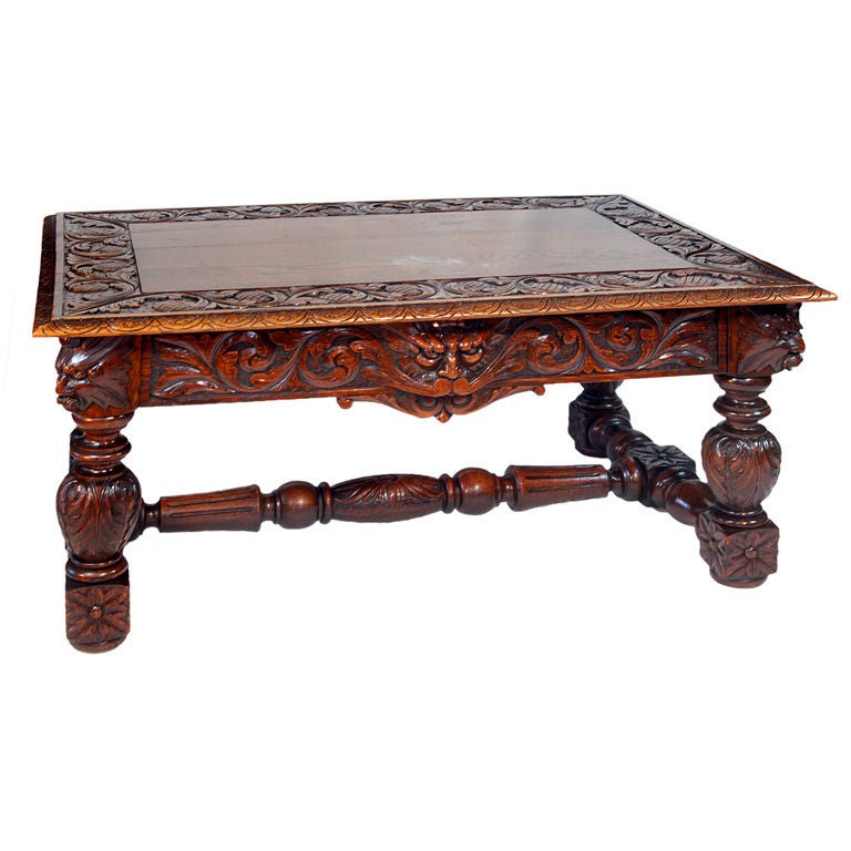 19th Century Carved Oak Table with Grotesque Faces For Sale