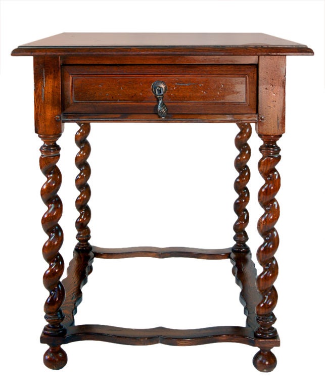 These warm and elegant oak end tables with olive burl veneer, barley twist legs, drop pull quadroons and turtle shaped stretchers were produced by Hekman furniture in the 1940's in the Cromwellian style. Hekman furniture was started by Edsko Hekman,