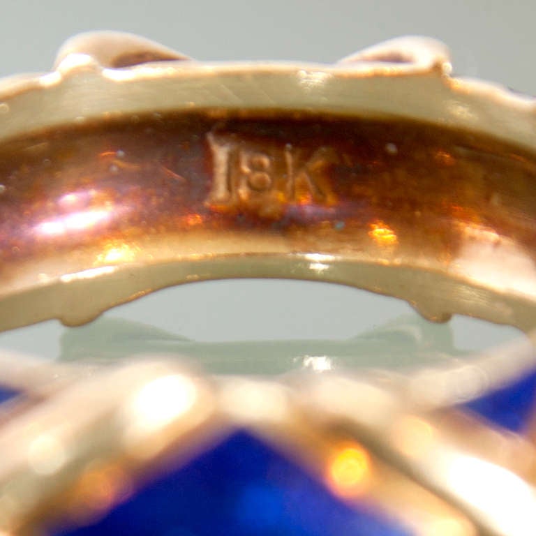 Late 20th Century Tiffany 18k Yellow Gold and Blue Cloisonné Ring