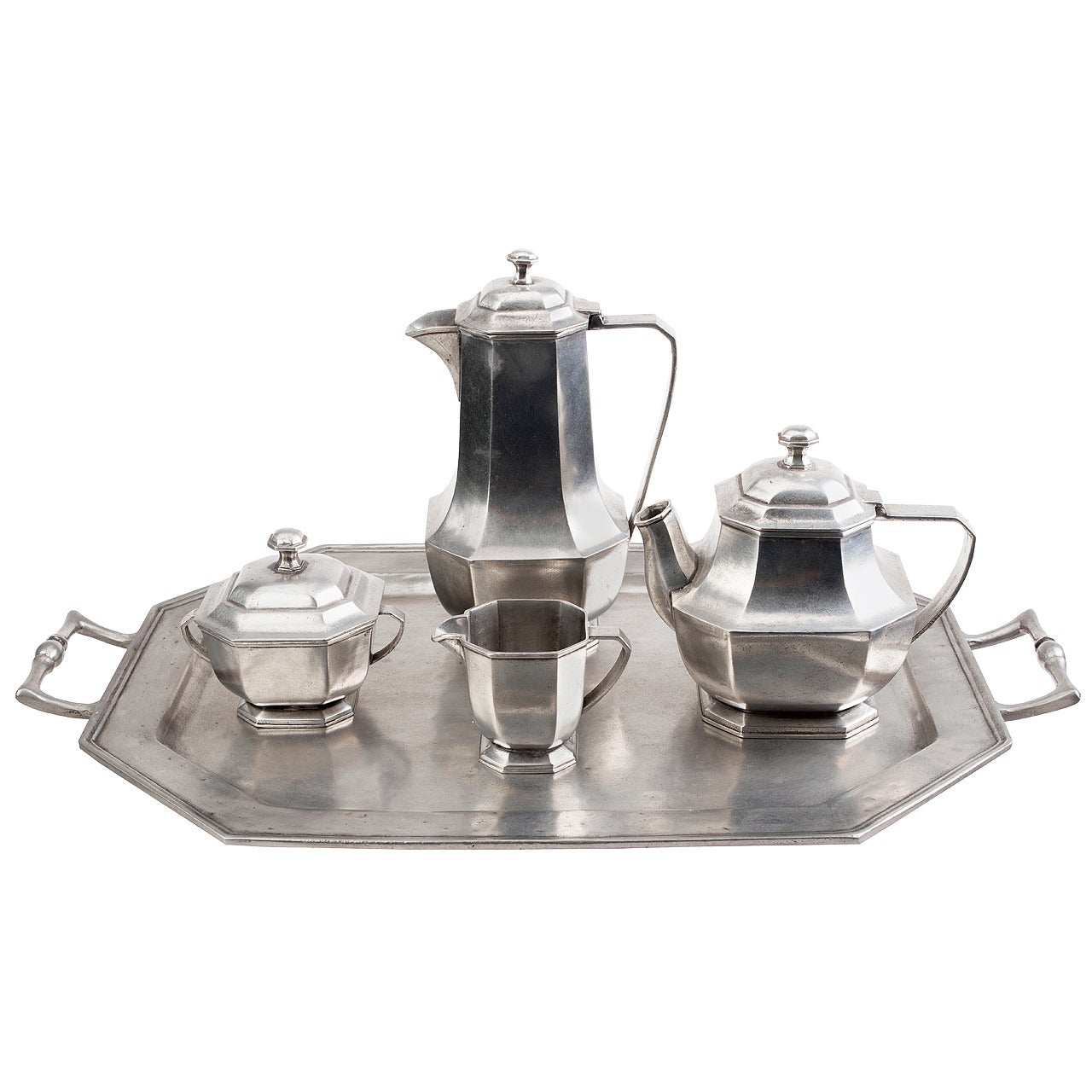 Italian Midcentury Five-Piece Pewter Coffee and Tea Service For Sale