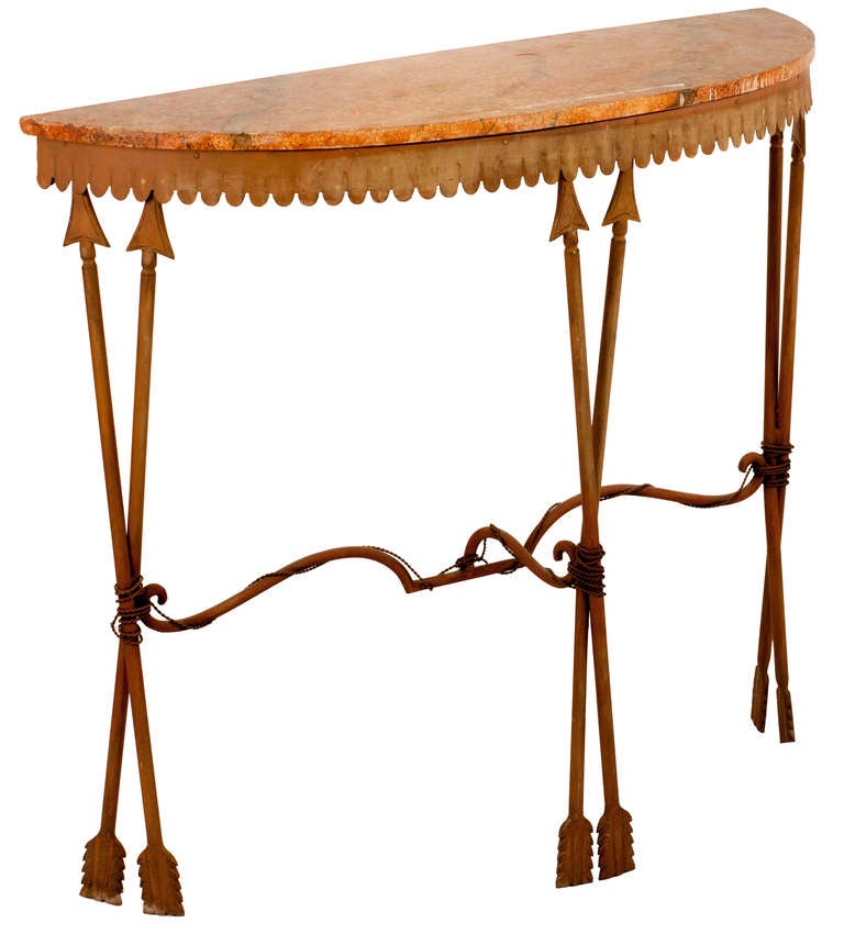 Tole (painted tin) Demilune Console with faux marble painted top, pairs of arrows form the legs and the stretcher is the bow, scalloped apron