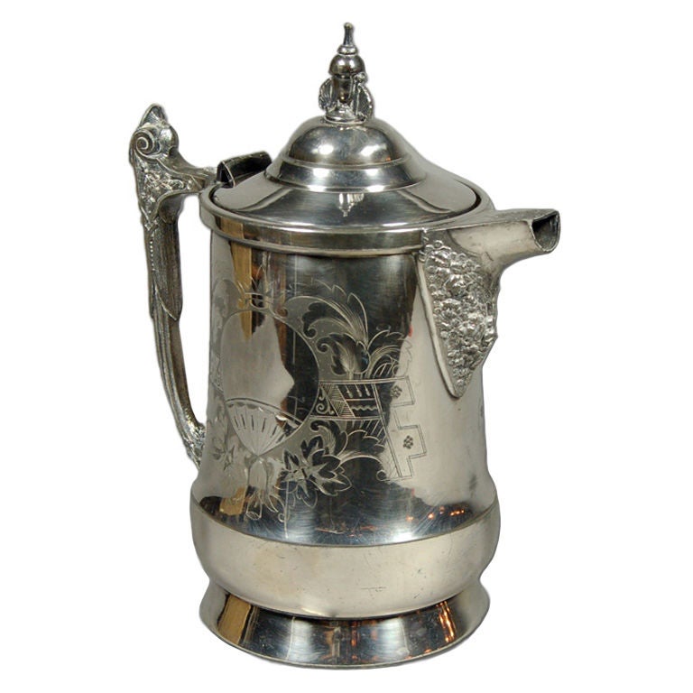 Victorian Silver Plate Water Pitcher with Ballon Engraving For Sale