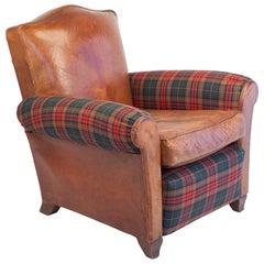 Small-Scale Club Chair in Leather and Tartan Plaid