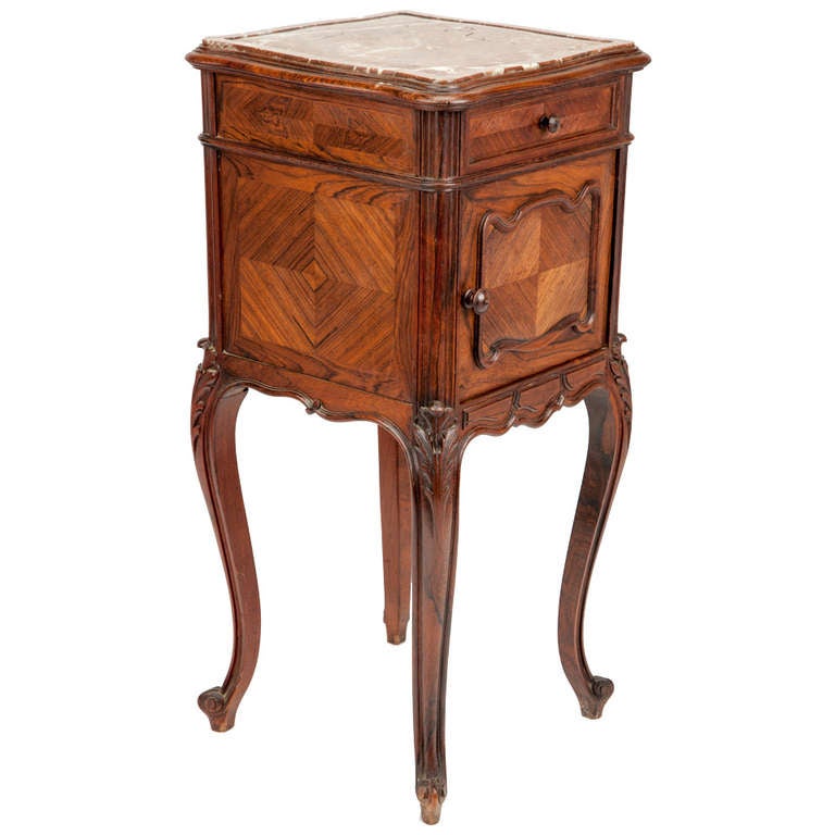 Lovely little side table with cabinet door, walnut marquetry, marble top, with carved cabriole legs. Recently imported from England.