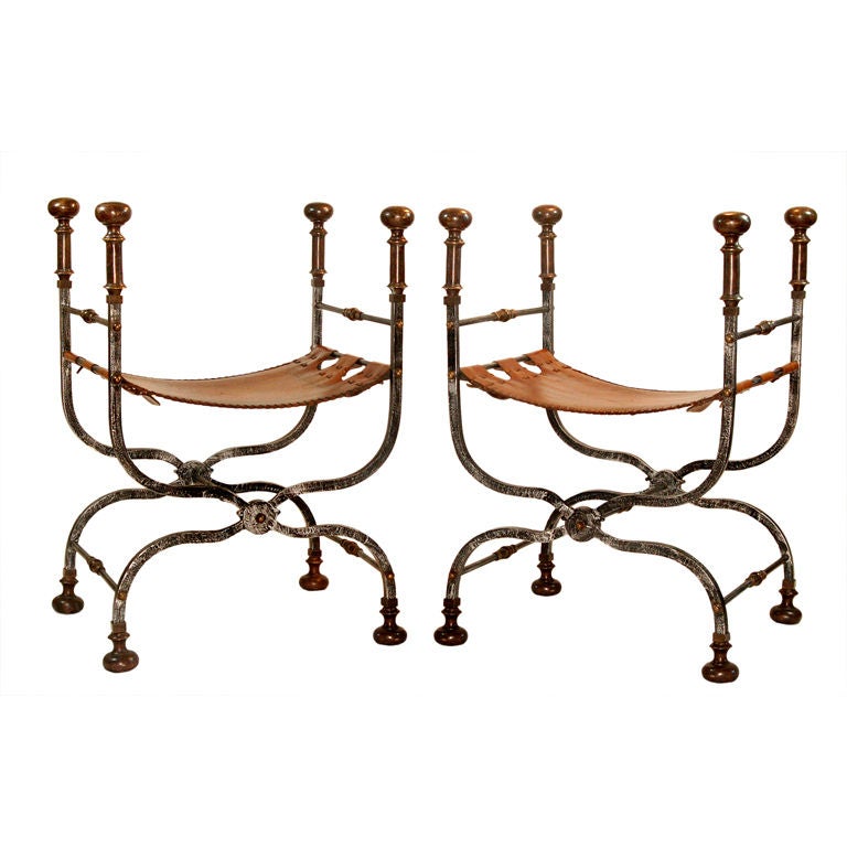 Pair of Italian Wrought Iron Stools With Leather Seats