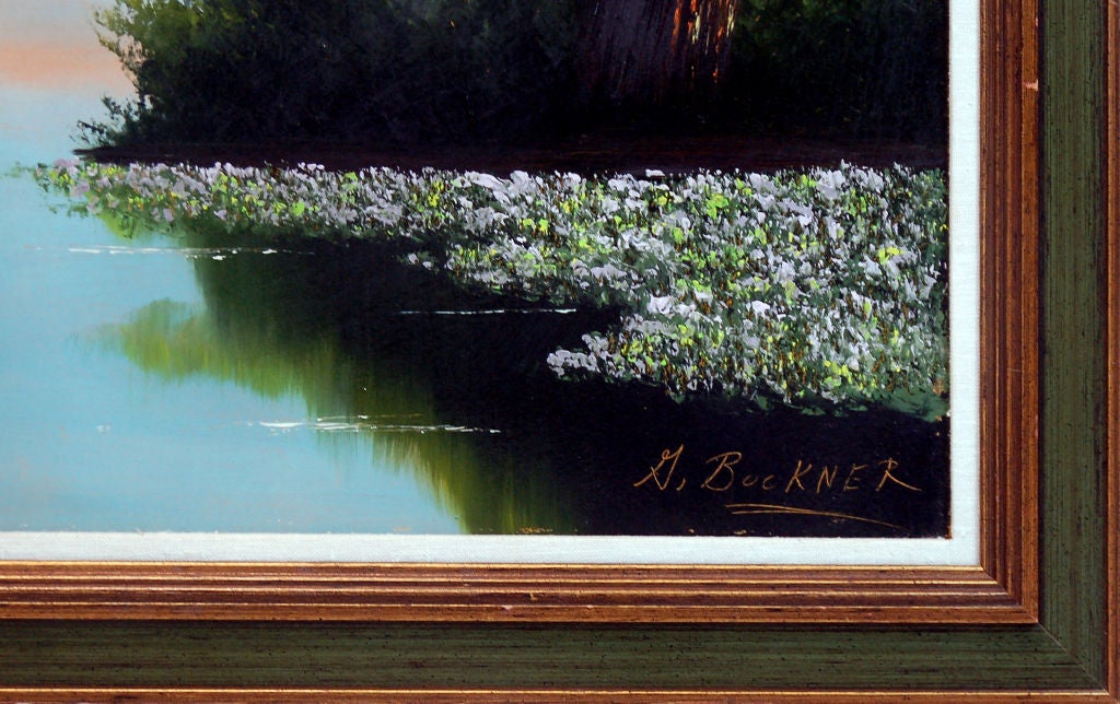 Questo vivido paesaggio acquatico della Florida è opera dell'autotrasportatore George Buckner (1943-2002). Il cielo è di un rosa acceso che si riflette nel fiume Indiano. Uno stormo di garzette, una palma reale solitaria, un vivace gruppo di