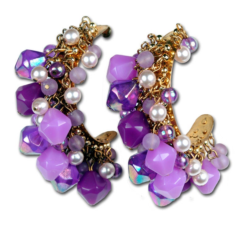 Purple and Pearl Beaded Hoop Earrings For Sale