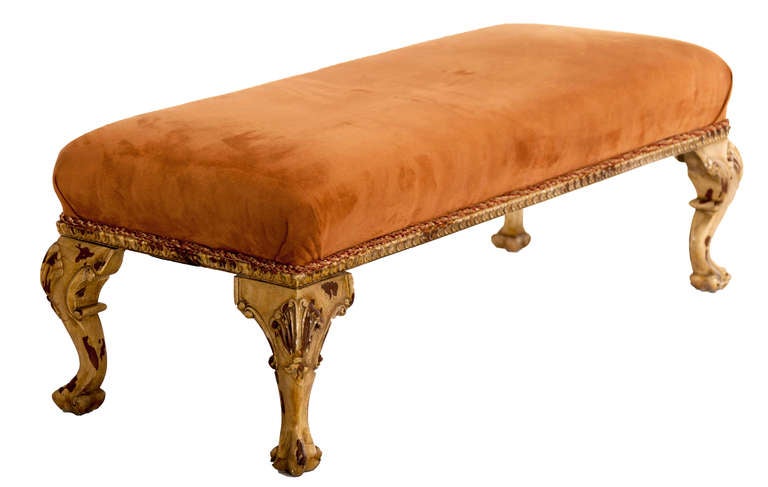 Beautiful caramel suede upholstered bench with carved cabriole legs. Perfect condition.