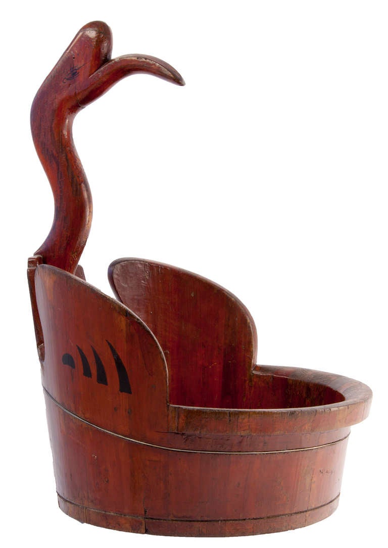 Very old fine wooden bucket with hand-carved swan handle. This rare and unique piece was used in China as a baby's bathtub.