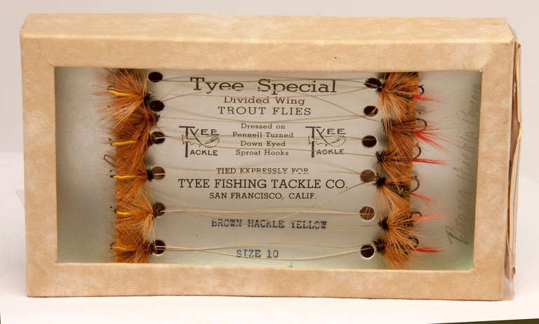 Divided wing trout fly fishing tackle tied expressly for The Tyee Tackle Company, San Francisco, California. This is called - Brown hackle yellow, size 10 in original box.