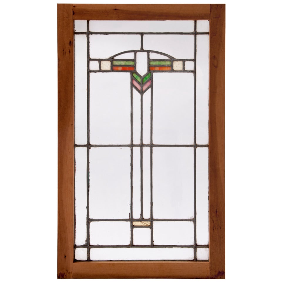 Art Deco Stained Glass Oak-Framed Window For Sale