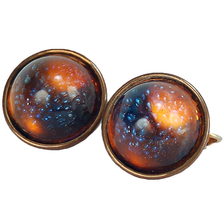 Vintage Atomic Age Dichroic Glass Cabochon Clip On Earrings For Sale