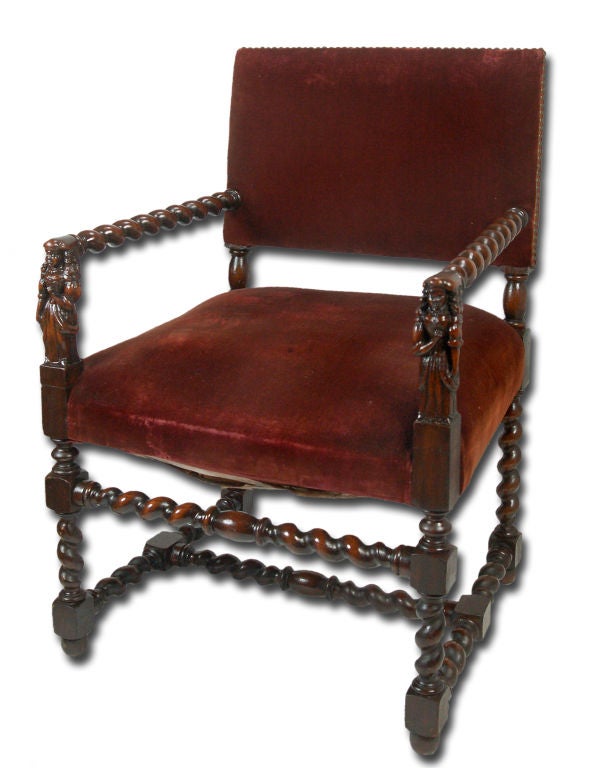 Hand-Carved Pair of Jacobean Barley Twist  Arm Chairs with English Maidens