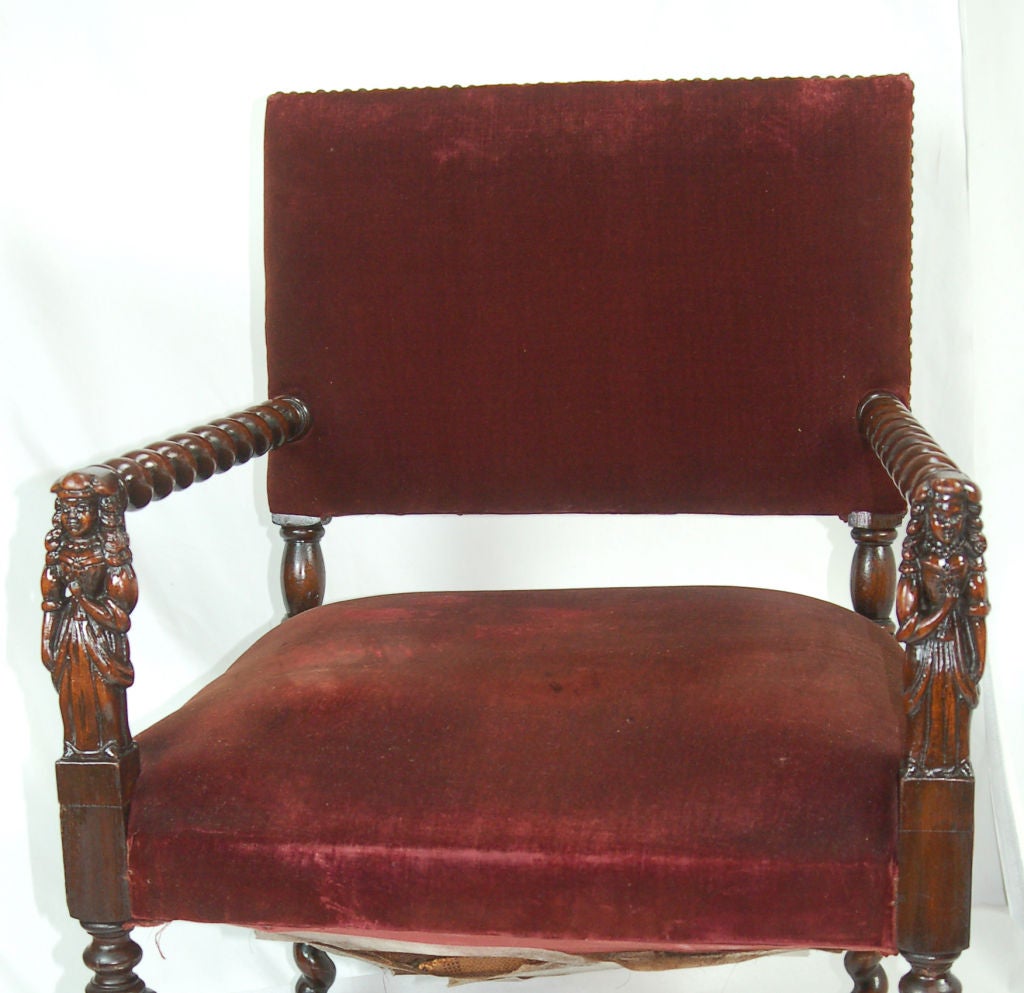 18th Century and Earlier Pair of Jacobean Barley Twist  Arm Chairs with English Maidens