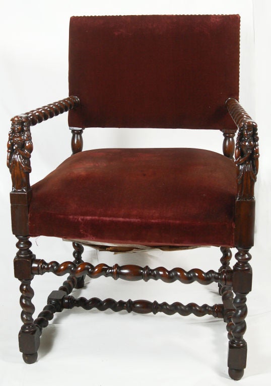 Velvet Pair of Jacobean Barley Twist  Arm Chairs with English Maidens