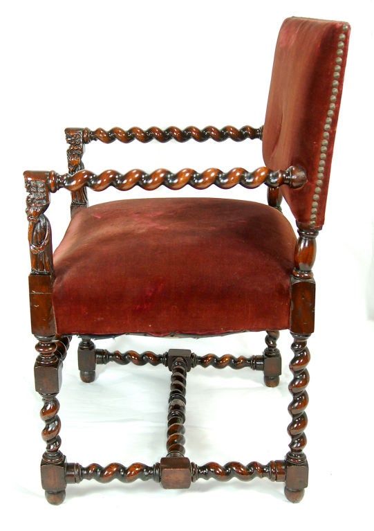 Pair of Jacobean Barley Twist  Arm Chairs with English Maidens 1