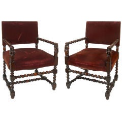 Antique Pair of Jacobean Barley Twist  Arm Chairs with English Maidens