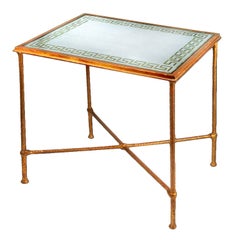 Eglomise Silver Glass with Gold Leaf Greek Key Top Side Table