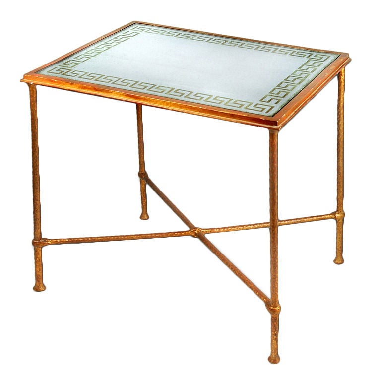 Eglomise Silver Glass with Gold Leaf Greek Key Top Side Table at