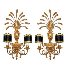 Pair of Italian Hand-Carved Gilt Sconces with Black Shades