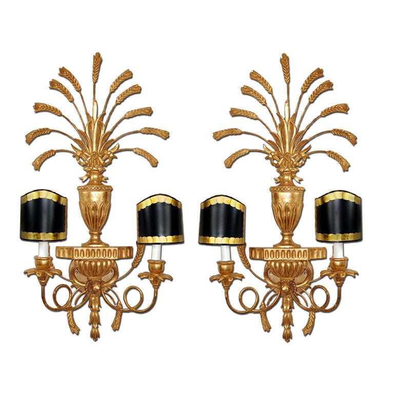 Pair of Italian Hand-Carved Gilt Sconces with Black Shades For Sale