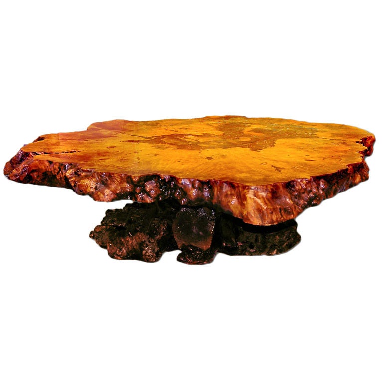 Redwood Burl Coffee Table with Irridescant Carnival Glass Crystals