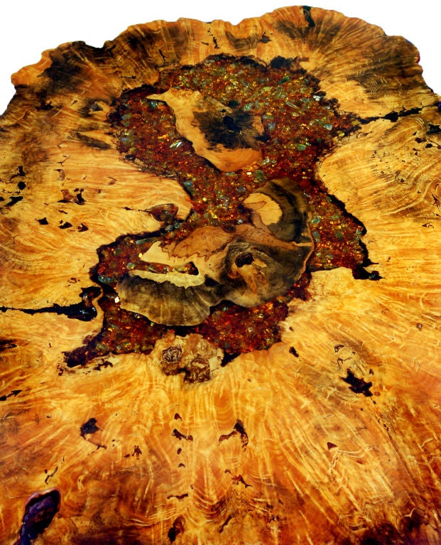 Redwood burl coffee table with suspended iridescent carnival glass and crystals in resin. Marked 