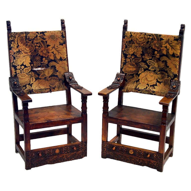 Spanish Colonial Oak Armchairs with Lion Heads