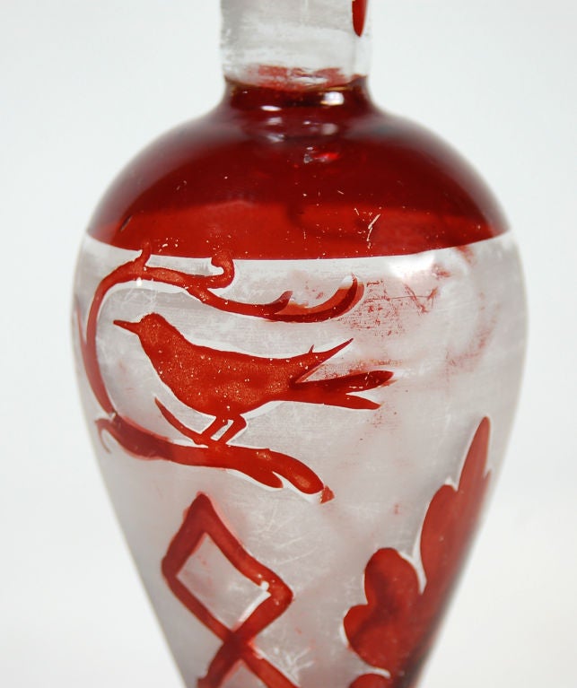 American Bohemian Cut to Clear Red Baluster Vase with Cardnal Detail