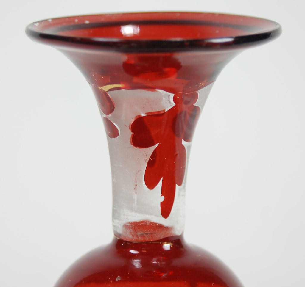 Etched Bohemian Cut to Clear Red Baluster Vase with Cardnal Detail