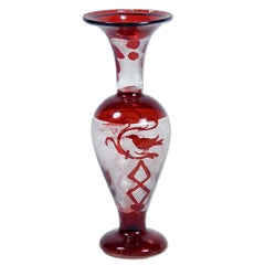 Bohemian Cut to Clear Red Baluster Vase with Cardnal Detail