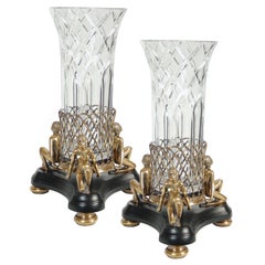 Pair of Art Deco Crystal Vases with Gilt Bronze Bases