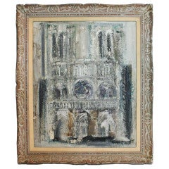 Vintage Midcentury Palate Knife Oil Painting of Notre Dame Cathedral