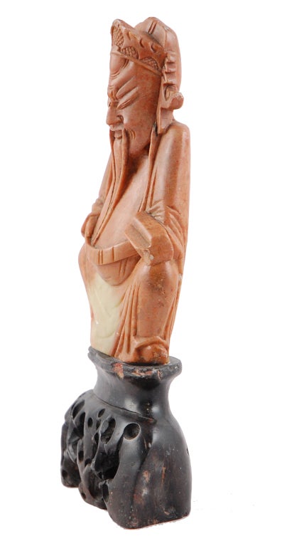 Chinese Asian Carved Soapstone of Seated Figure on Carved Base For Sale