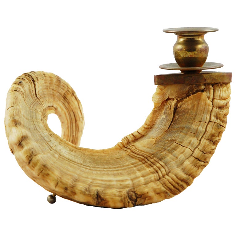 Rams Horn Candlestick with Brass Accents For Sale