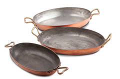 Set of Three Solid Copper Gratine Pans with Brass Handles